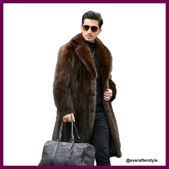 Men's Faux Fur Trench Coat Elegant Winter Fluffy Thick Long Outerwear